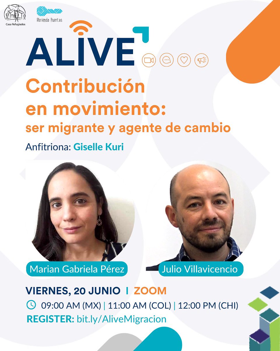 Te invitamos al conversatorio ALIVE!: Contribución en movimiento, una mirada a la migración como experiencia espiritual, humana y transformadora.
Con Marian Gabriela Pérez y Julio Villavicencio SJ.
-Vie 20 jun | 9AM MX / 11AM COL / 12PM ARG
-Regístrate: bit.ly/AliveMigracion