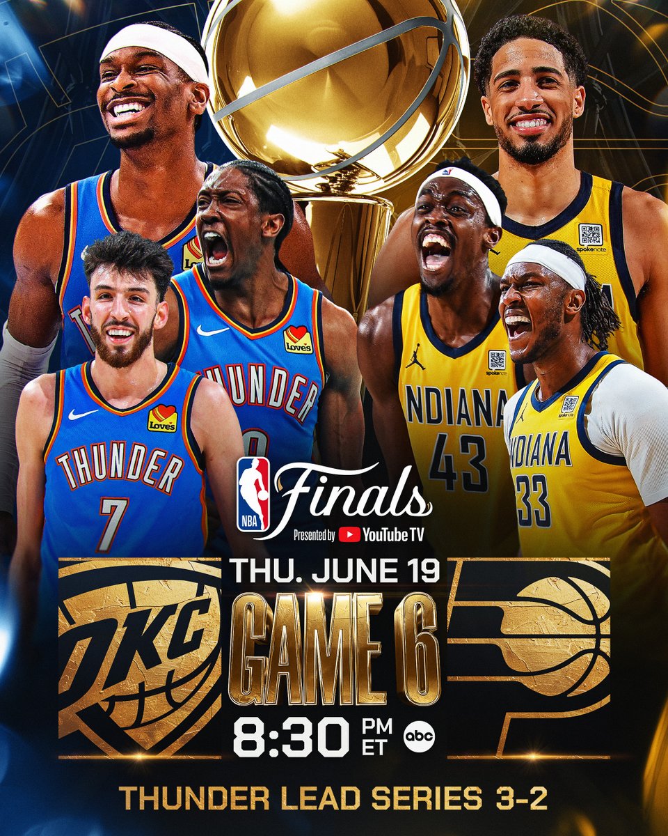 Shai Gilgeous-Alexander (31 PTS) and Jalen Williams (playoff career-high 40 PTS) combined for 71 as the star duo powered the Thunder within 1 win of their first title in the OKC era!

Will Oklahoma City close it out, or can Indiana extend the series to Game 7?

Don't miss Game 6