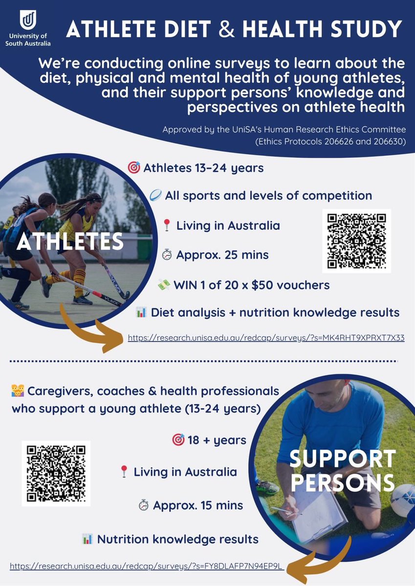 📣 Are you a young athlete or do you support one? 📣

<a href="/UniversitySA/">UniSA</a> researchers want to hear from you!

ATHLETE SURVEY 👉🏼 research.unisa.edu.au/redcap/surveys…

SUPPORT PERSON SURVEY 👉🏼 research.unisa.edu.au/redcap/surveys…

📲 see details below