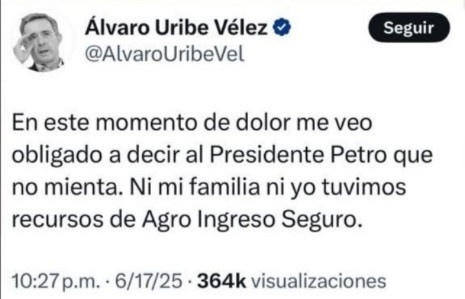 Urgente...
El Doctor Álvaro Uribe Vélez requiere de un tratamiento de carácter urgente ya que sufre de AMNESIA DISOCIATIVA.
Olvidó que siendo presidente recibió de Agro Ingreso Seguro, la suma de 3.000 millones.
Puede olvidar otros delitos...