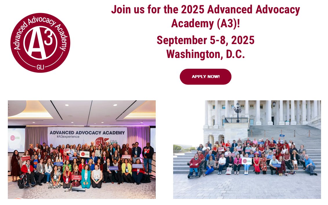 Lizzie Aby, MD (@lizzieabymd) on Twitter photo Check out the <a href="/GlobalLiver/">Global Liver Institute</a> 2025 Advanced Advocacy Academy (A3)!
🗓️ Sept 5-8, 2025
A3 is a training program designed to equip liver patients, caregivers & other stakeholders with the tools to advocate for improved liver health, care, policies & practices
globalliver.org/advanced-advoc… Check out the <a href="/GlobalLiver/">Global Liver Institute</a> 2025 Advanced Advocacy Academy (A3)!
🗓️ Sept 5-8, 2025
A3 is a training program designed to equip liver patients, caregivers & other stakeholders with the tools to advocate for improved liver health, care, policies & practices
globalliver.org/advanced-advoc…
