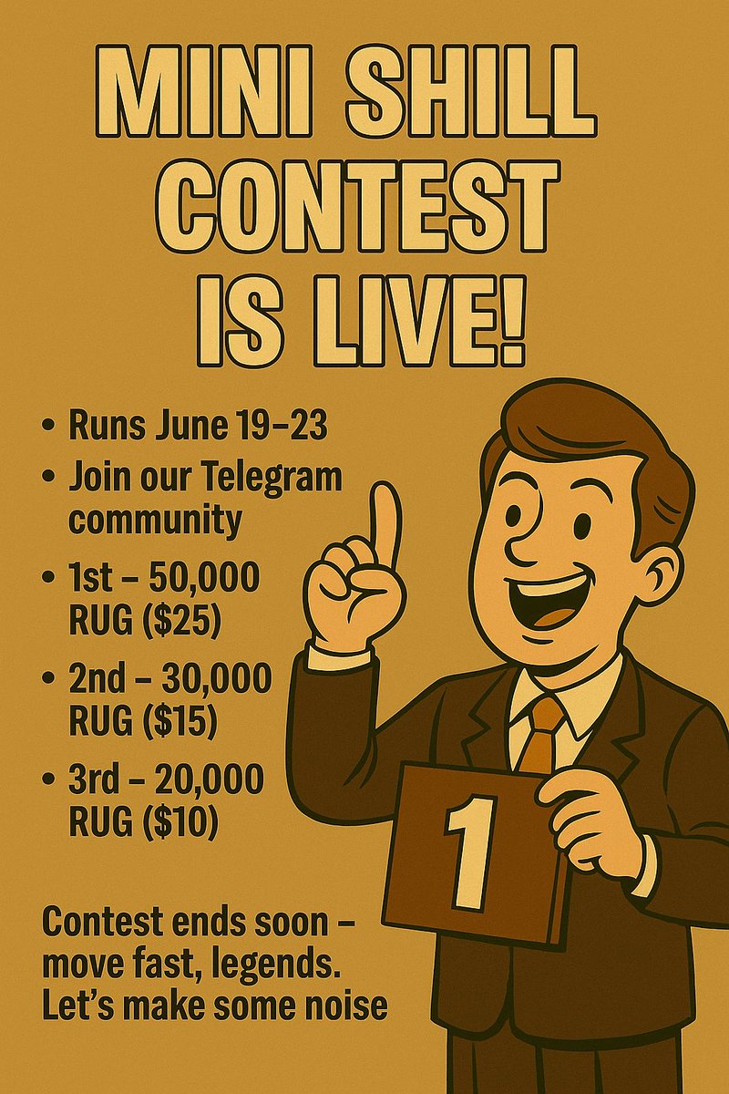 RugCoin_pull's tweet image. 🚨 MINI SHILL CONTEST STARTS NOW! 🚨
Small scale, BIG vibes — let’s turn up before presale! 🔥

🗓 June 19–23
💸 Prize Pool:

🥇 1st – 50,000 RUG ($50)
🥈 2nd – 30,000 RUG ($30)
🥉 3rd – 20,000 RUG (~$20)

Your mission?
Spread the word about our June 29 presale — 0.0005 per RUG…