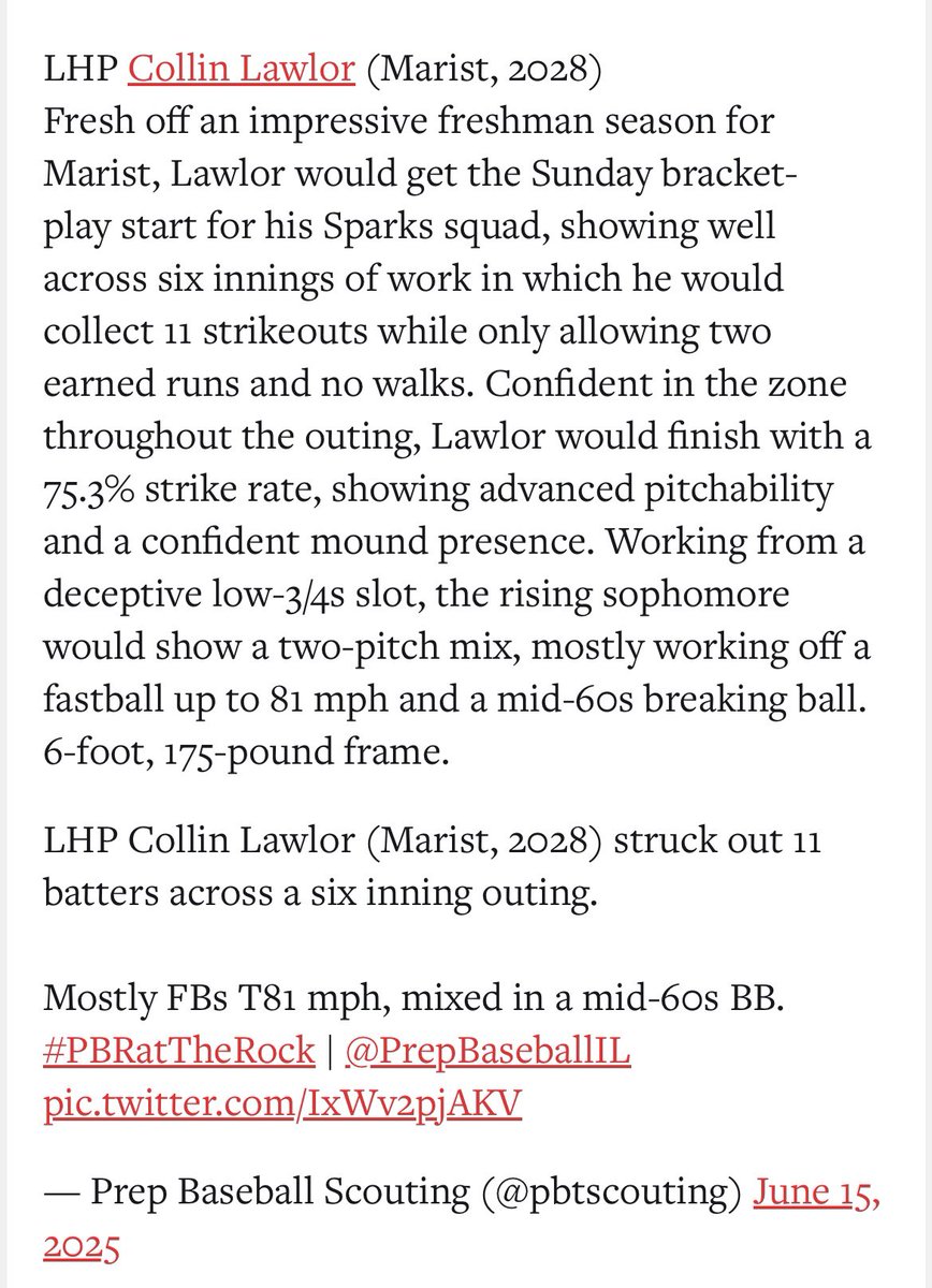 Thank you for the recognition <a href="/pbtscouting/">Prep Baseball Scouting</a> 
<a href="/PBRTournaments/">Prep Baseball Tournaments</a> 
<a href="/PrepBaseballIL/">Prep Baseball Illinois</a> 
<a href="/CangelosiSparks/">Cangelosi Sparks</a> 
<a href="/MaristBaseball/">Marist Baseball</a>