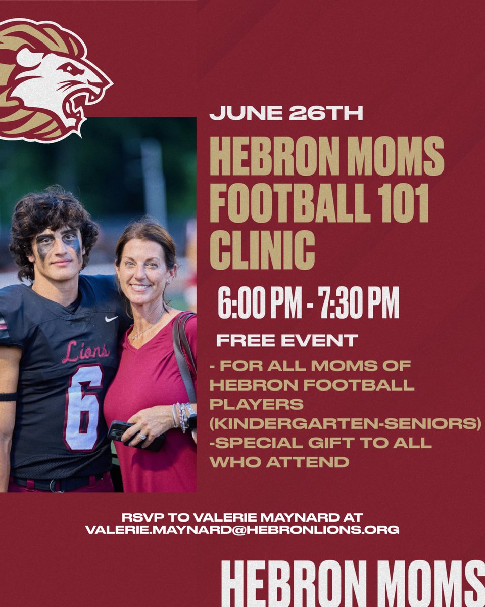 Attention Hebron football moms🚨

We are having a clinic for all Hebron football moms on June 26th from 6-7:30 p.m. at Burlingame Field!

Contact Valerie Maynard to RSVP, so we can have exact numbers!