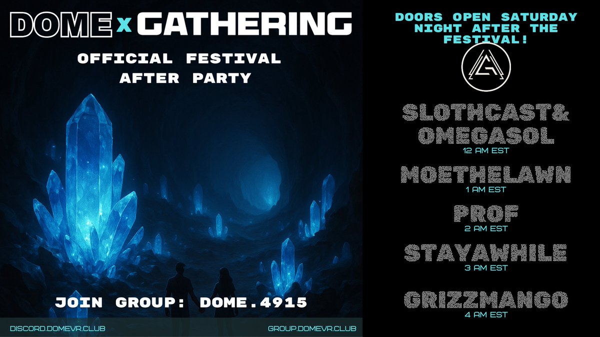 slothcast's tweet photo. 🌀 DOME × GATHERING: ADVENTURE  The festival ends... the portal opens. DOME is proud to host the official after party for Gathering — a multi-world celebration of music, mystery, and purpose.  #VRChat #GatheringFestival #MetaverseEvents https://t.co/gmC3QWVRQV