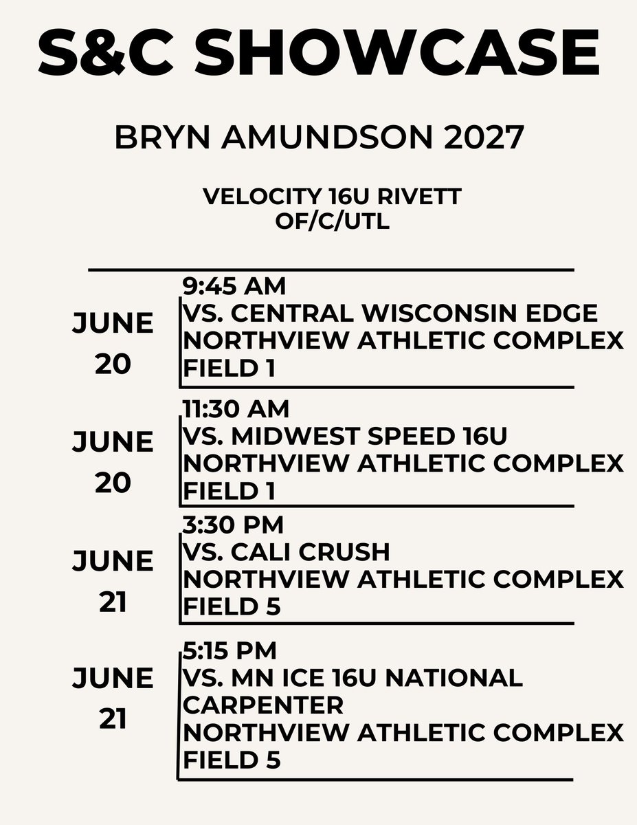 Can’t wait to play this weekend! Schedule for Minnesota ⬇️
1043 Northview Drive 
Eagan, MN