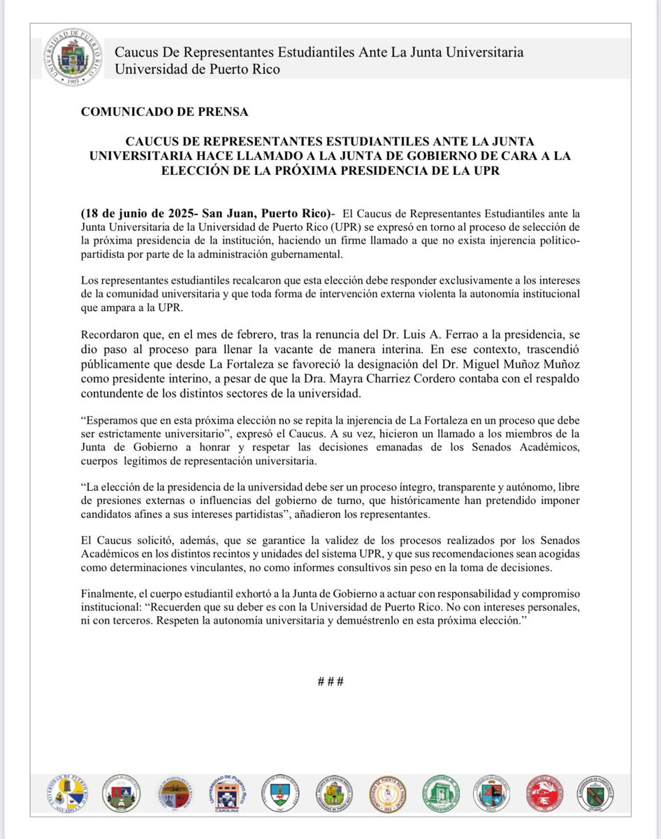 CAUCUS DE REPRESENTANTES ESTUDIANTILES ANTE LA JUNTA UNIVERSITARIA HACE LLAMADO A LA JUNTA DE GOBIERNO DE CARA A LA ELECCIÓN DE LA PRÓXIMA PRESIDENCIA DE LA UPR