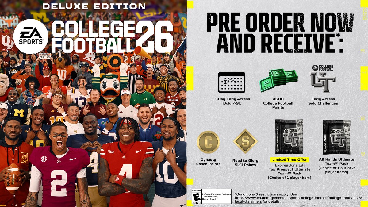 CFB Ultimate Team (@easports_cut) on Twitter photo Pre-Order #CFB26 by June 19th to choose ONE of the following 83 OVR player items to add to your lineup:
- Cam Coleman (Auburn - WR)
- Isaiah Nwokobia (SMU - SS)
- Dae'Quan Wright (Ole Miss - TE)
- Zane Durant (Penn State - DT)
Pre-Order Now โจ x.ea.com/83890 Pre-Order #CFB26 by June 19th to choose ONE of the following 83 OVR player items to add to your lineup:
- Cam Coleman (Auburn - WR)
- Isaiah Nwokobia (SMU - SS)
- Dae'Quan Wright (Ole Miss - TE)
- Zane Durant (Penn State - DT)
Pre-Order Now โจ x.ea.com/83890