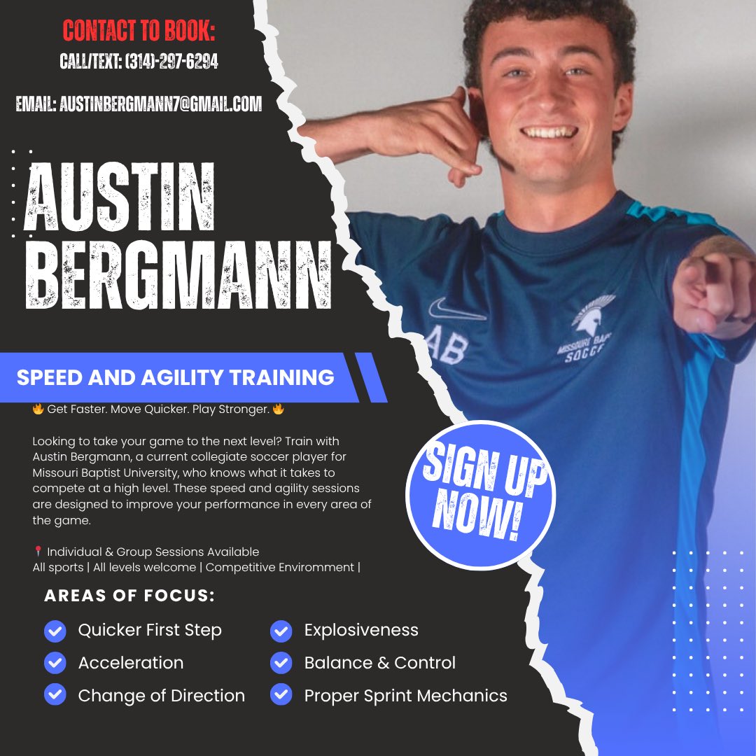 Hello my name is Austin Bergmann I am a current college soccer player for Missouri Baptist University, and I do private Speed and Agility training sessions. My rate is $30 for my 1 hour session. I also charge $45 for my hour and a half sessions. <a href="/FearTheCavalier/">Bishop DuBourg Athletics</a> <a href="/stgabeschoolstl/">St. Gabriel School</a>
