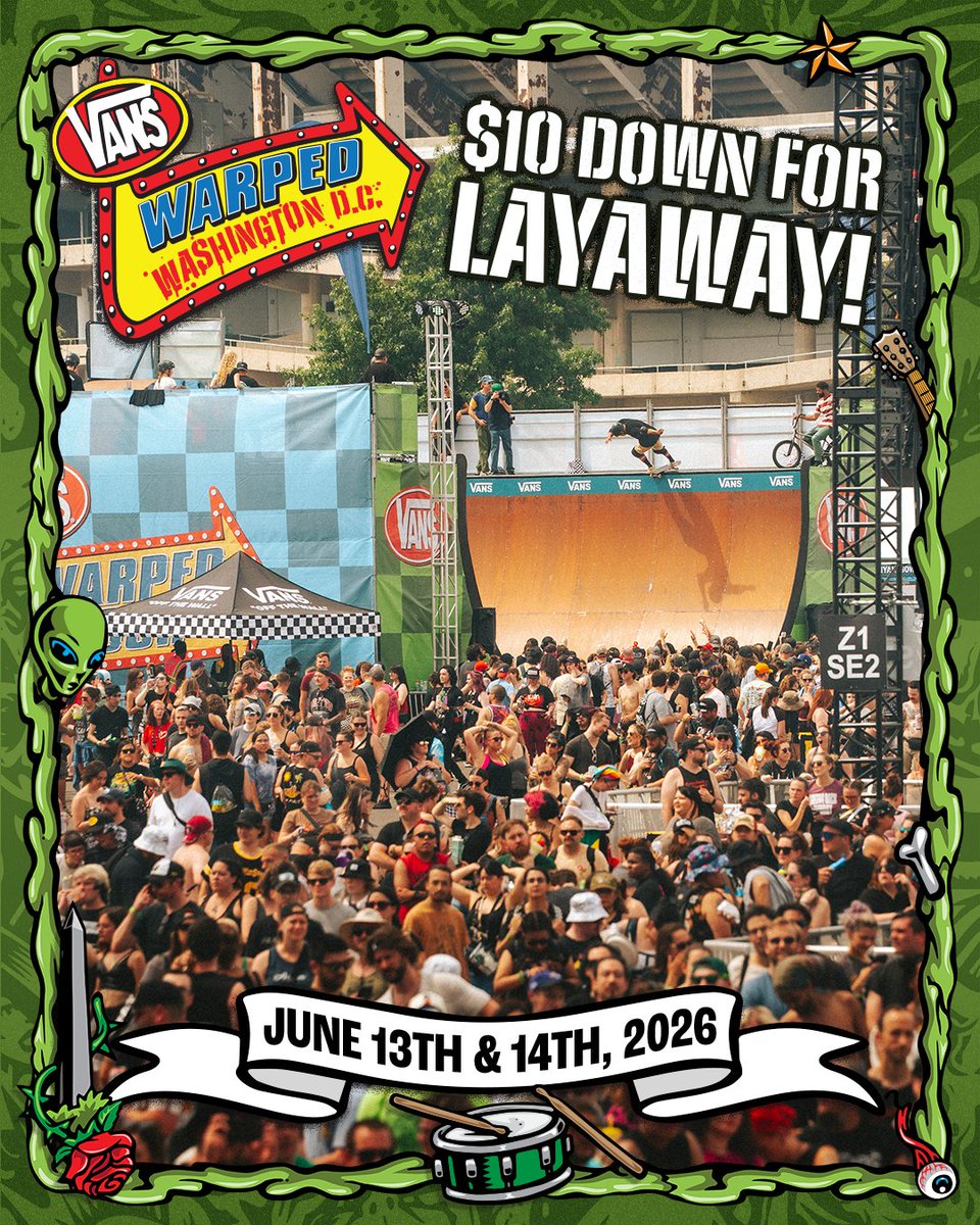 VansWarpedTour's tweet image. 2026 D.C. presale is officially LIVE 😏 lock in ur spot with $10 down 🏁 exclusive pin is included when u grab ur presale pass 💥 get urs now !