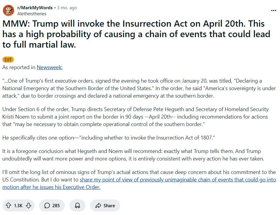 Remember when Reddit was convinced that Trump was going to invoke the insurrection act 2 months ago?