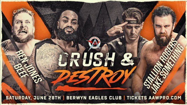 ‼️ JUST SIGNED ‼️ 

Ren Jones &amp; BEEF 
vs
Stallion Rogers &amp; Jake Something

Crush &amp; Destroy
6/28/25
Berwyn Eagles Club
Berwyn, IL

Tickets at aawpro.ticketleap.com
