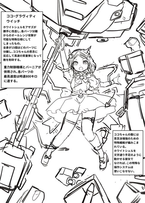 #ラスオリ公募展 名前:ココ・グラヴィティウイッチ 分離合体+各パーツでの単独飛行能力を持つように改装されたホワイトシェルを操り、思念に反応して自在に宙を舞うパーツで敵を殴る重力制御機能を付与されたココちゃんです 待機コマンドで全パーツ集結・ロボット形態に戻り防御モードになります