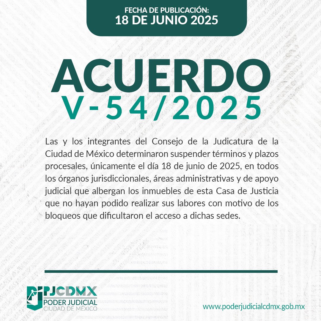 PJCDMX's tweet photo. Compartimos el Acuerdo V-54/2025 , le recomendamos revisar la información completa en: https://t.co/Tfx1ypwPax https://t.co/iRjZ5dI7uC