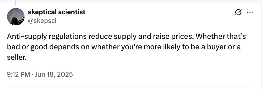 It's a mistake to understand anti-supply rules as a zero-sum transfer in this way. 

As with almost any policy there are winners and losers, but quantity restrictions on new housing is a negative-sum policy generating losses that are much larger than the gains.