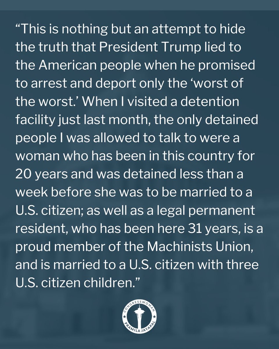 Rep. Pramila Jayapal (@repjayapal) on Twitter photo Trump's DHS is trying to limit Congressional oversight at ICE detention facilities. Not only is that unacceptable, it is unlawful.
My full statement: Trump's DHS is trying to limit Congressional oversight at ICE detention facilities. Not only is that unacceptable, it is unlawful.
My full statement: