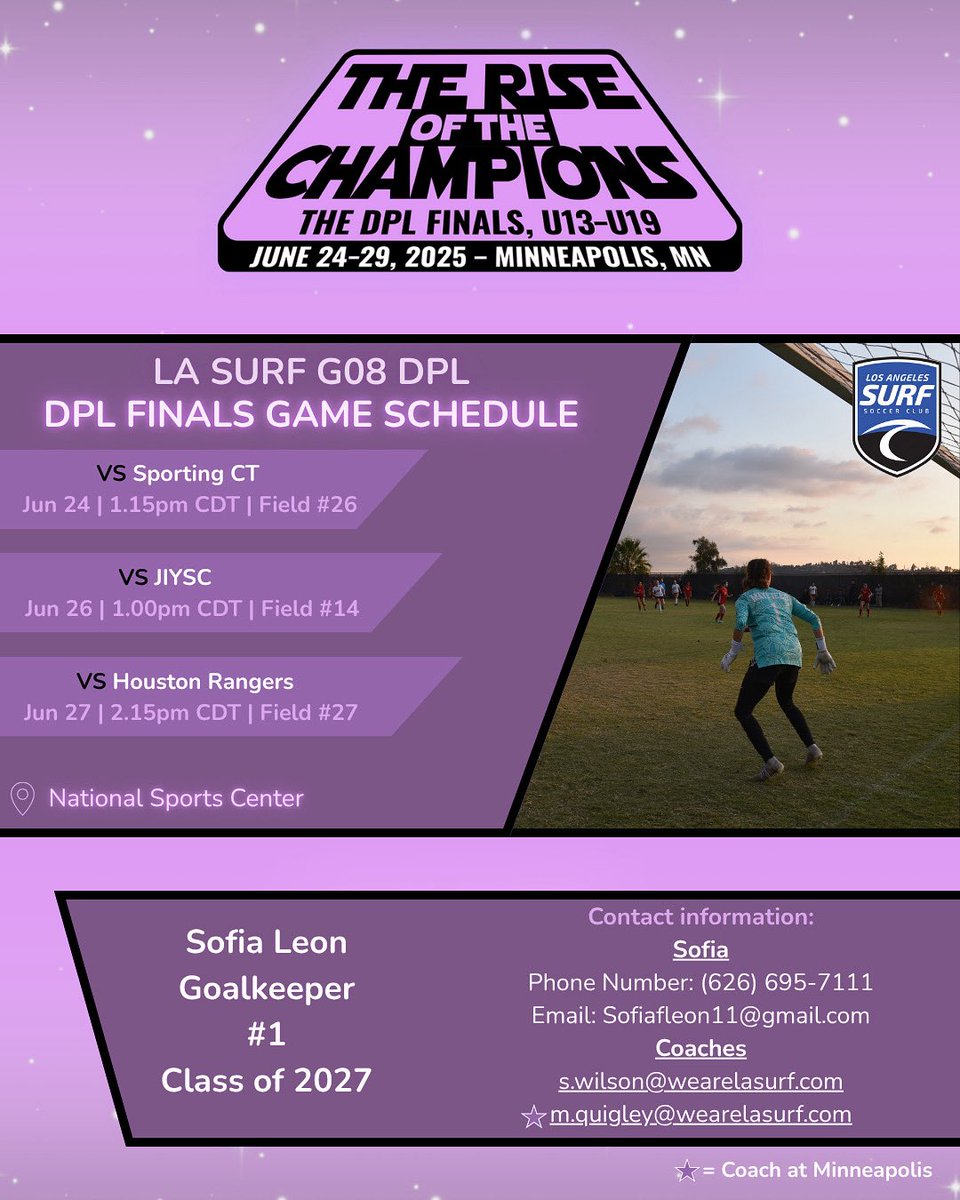 sofialeon_gk's tweet photo. Second year in a row DPL Finals!! Looking forward to the competition! See you in MN!

@LASurfSoccer 

#dpl #collegerecruiting #goalkeeper #lasurf #collegesoccerrecruiting https://t.co/kIMU3SEckJ