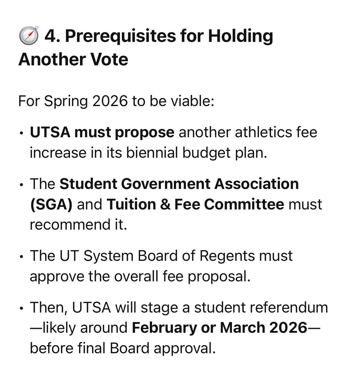 Next student athletic fee vote is eligible for another vote next year. If I’m UTSA. I’m focused on working with SGA and building a marketing effort on this now. Get surveys out etc.$200 a year impact w/35,000 students is $7 millions dollars a year for UTSA athletics