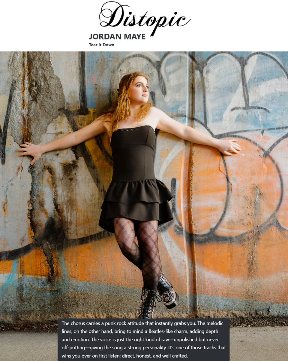 DISTOPIC.IT features new Jordan Maye single "Tear it Down" (produced by Eric Breiner of Peach Music), writing: "The chorus carries a punk rock attitude that instantly grabs you... wins you over on first listen: direct, honest, well crafted."

distopic.it/jordan-maye/