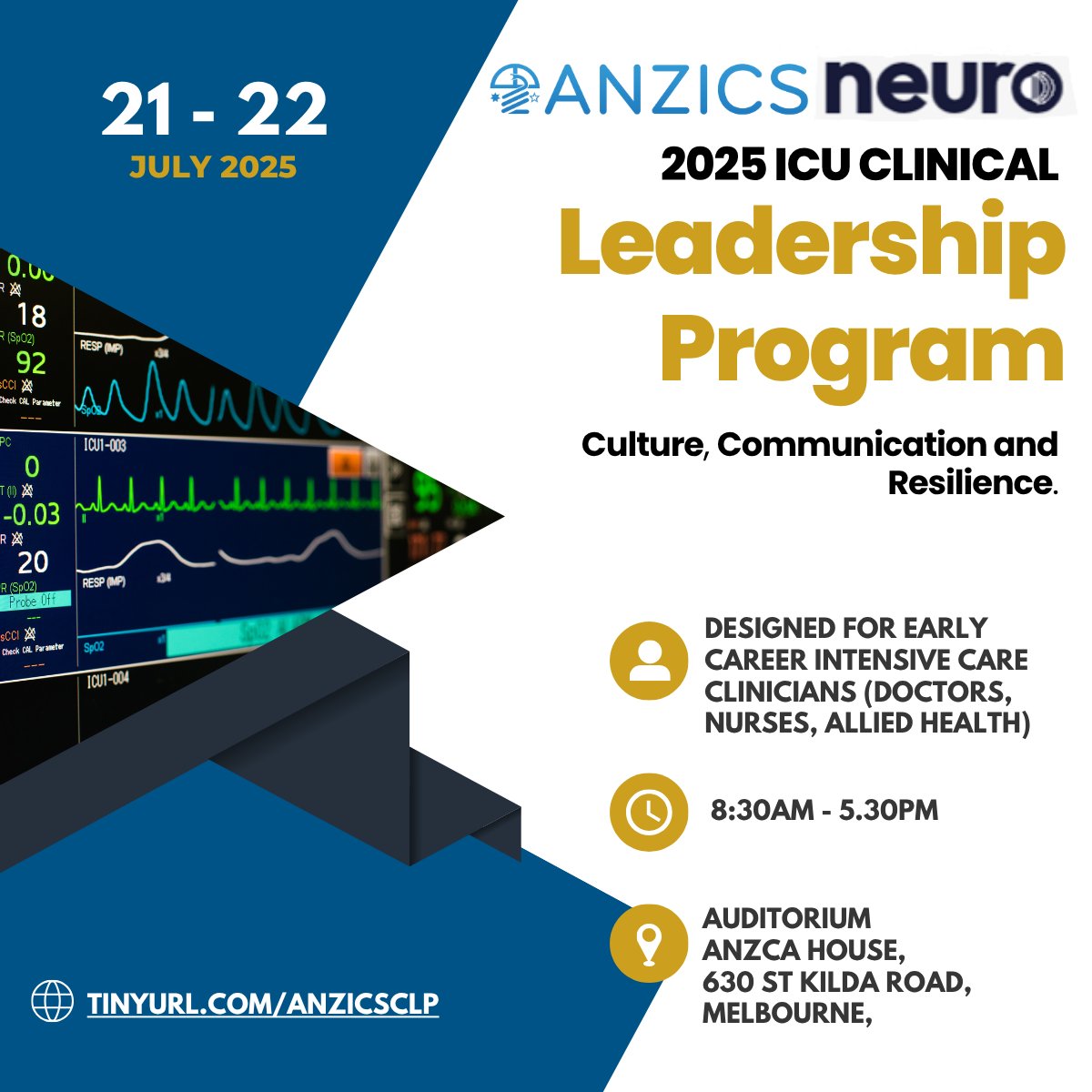 anzics's tweet image. ICU leadership – high stakes, high stress, high impact.
Designed in partnership with Neuro, the ANZICS Clinical Leadership Program is an immersive two-day program (with 20 hours of self-directed learning) which aims to equip ICU clinicians with the tools to navigate and lead…