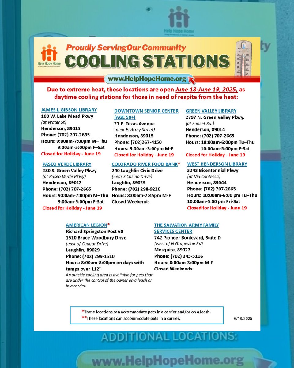 Clark County Nevada (@clarkcountynv) on Twitter photo Due to an extreme heat warning administered by the <a href="/NWSVegas/">NWS Las Vegas</a>, cooling stations are activated from 10am Wednesday, June 18, 2025 through 10pm Thursday, June 19, 2025.
Below is an updated list of sites with closures and adjusted hours in observance of the federal holiday on Due to an extreme heat warning administered by the <a href="/NWSVegas/">NWS Las Vegas</a>, cooling stations are activated from 10am Wednesday, June 18, 2025 through 10pm Thursday, June 19, 2025.
Below is an updated list of sites with closures and adjusted hours in observance of the federal holiday on