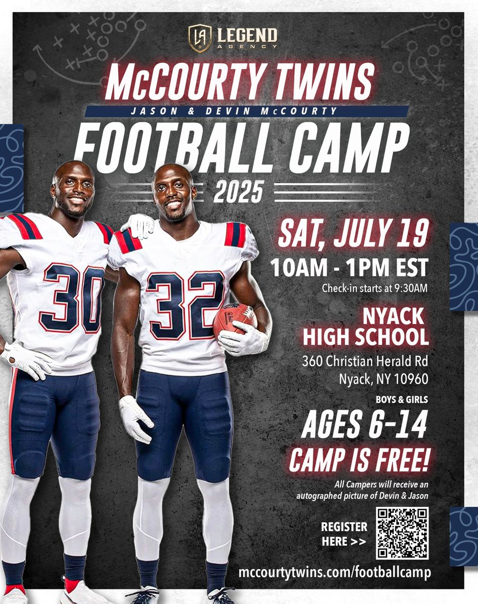 July 19th we’re back with another year of the McCourty Twins Football Camp. Learn football from  retired 13yr NFL Vets and Super Bowl Champs. Children ages 6-14 come out free of charge and enjoy a day of football, food and fun. Campers will receive a t-shirt, autographed picture,