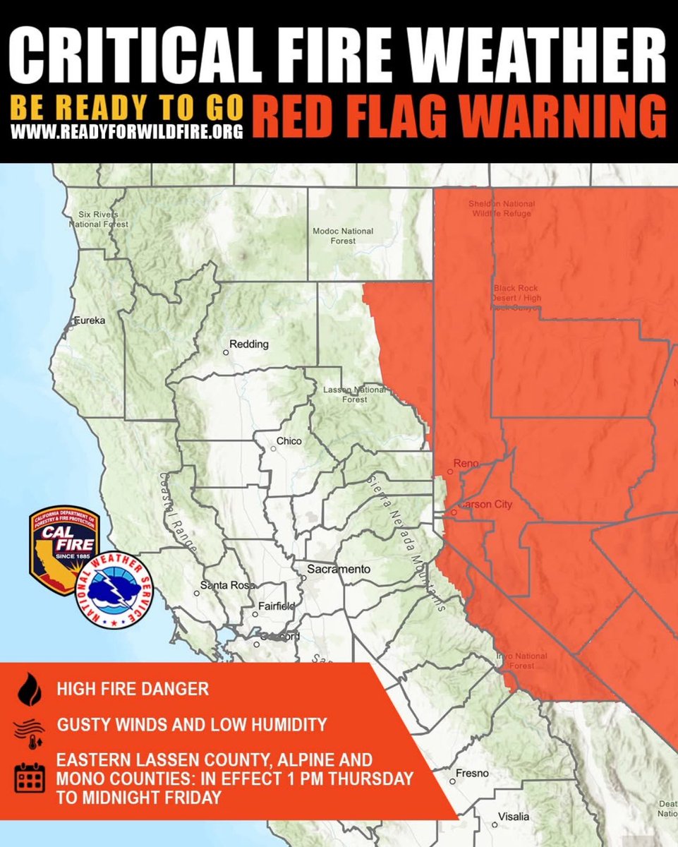 CALFIRE_CHIEF's tweet image. A #RedFlagWarning is in effect for Eastern Lassen County, Alpine County, and Mono County from 1 p.m. Thursday through midnight Friday due to gusty winds and low humidity.
These conditions significantly increase the risk of rapid wildfire spread.
