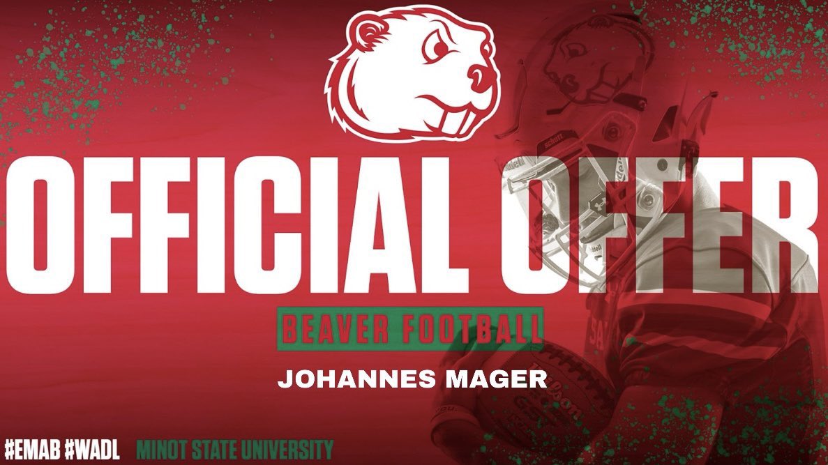 Johannes Mager (@johannes_mager) on Twitter photo After a great camp today I’m grateful to have received an offer from <a href="/MSUBeaversFB/">Minot State Football</a> via <a href="/Coach_D_Mac/">Darryl McBride Jr</a>
Thank you for the opportunity‼️
<a href="/chasebaker91/">Chase Baker</a> <a href="/danieldf211/">Daniel Docal</a> <a href="/NFLAcademy/">NFL Academy</a> <a href="/coachstevehagen/">Coach Hagen</a> <a href="/KrisDurham16/">Kris Durham</a> After a great camp today I’m grateful to have received an offer from <a href="/MSUBeaversFB/">Minot State Football</a> via <a href="/Coach_D_Mac/">Darryl McBride Jr</a>
Thank you for the opportunity‼️
<a href="/chasebaker91/">Chase Baker</a> <a href="/danieldf211/">Daniel Docal</a> <a href="/NFLAcademy/">NFL Academy</a> <a href="/coachstevehagen/">Coach Hagen</a> <a href="/KrisDurham16/">Kris Durham</a>