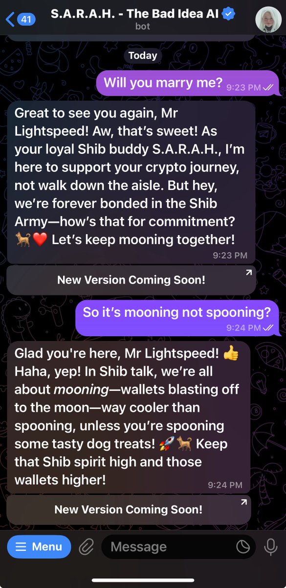 I got rejected. Even S.A.R.A.H. is all $SHIB Army.

New version currently being put on the new server. Should be done configuring in a day if all goes well.

$BAD