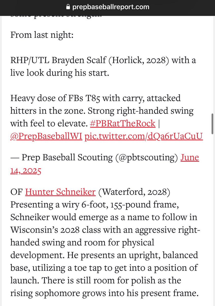 Thank you <a href="/pbtscouting/">Prep Baseball Scouting</a> for the write-up! Working everyday to get better and grow to make my team successful! <a href="/forceout/">Forceout Baseball/EvoShield</a> <a href="/WUHSBaseball/">Waterford Wolverines Baseball</a> <a href="/PrepBaseballWI/">Prep Baseball Wisconsin</a> #PBRatTheRock