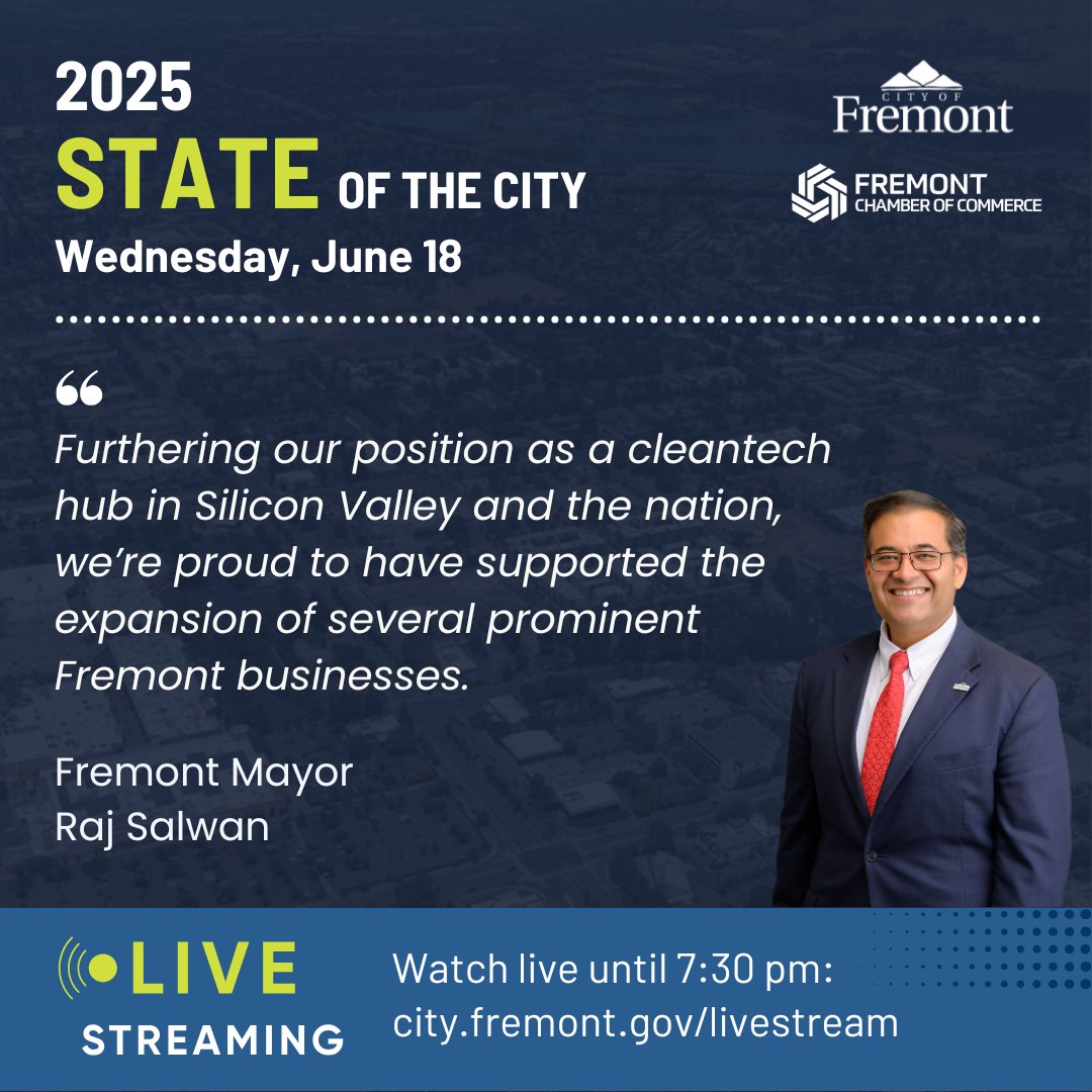 Live from Fremont’s 2025 State of the City Address! Mayor Salwan shares: "Furthering our position as a cleantech hub in Silicon Valley and the nation, we’re proud to have supported the expansion of several prominent Fremont businesses." Tune in live until 7:30 pm to hear more:
