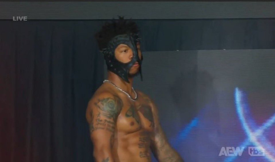 bgwpod's tweet photo. Lio Rush wearing the same mask Steve Urkel wore when he wrestled The Bushwhackers on Family Matters.

#AEWGrandSlamMexico https://t.co/Pg0LO8z9Ul