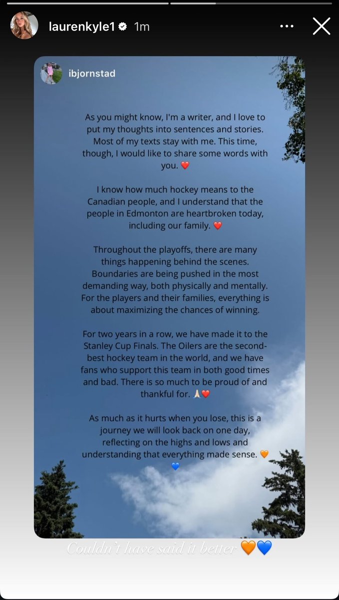 A message from Ida Ekholm (with Lauren McDavid reposting) 💙🧡