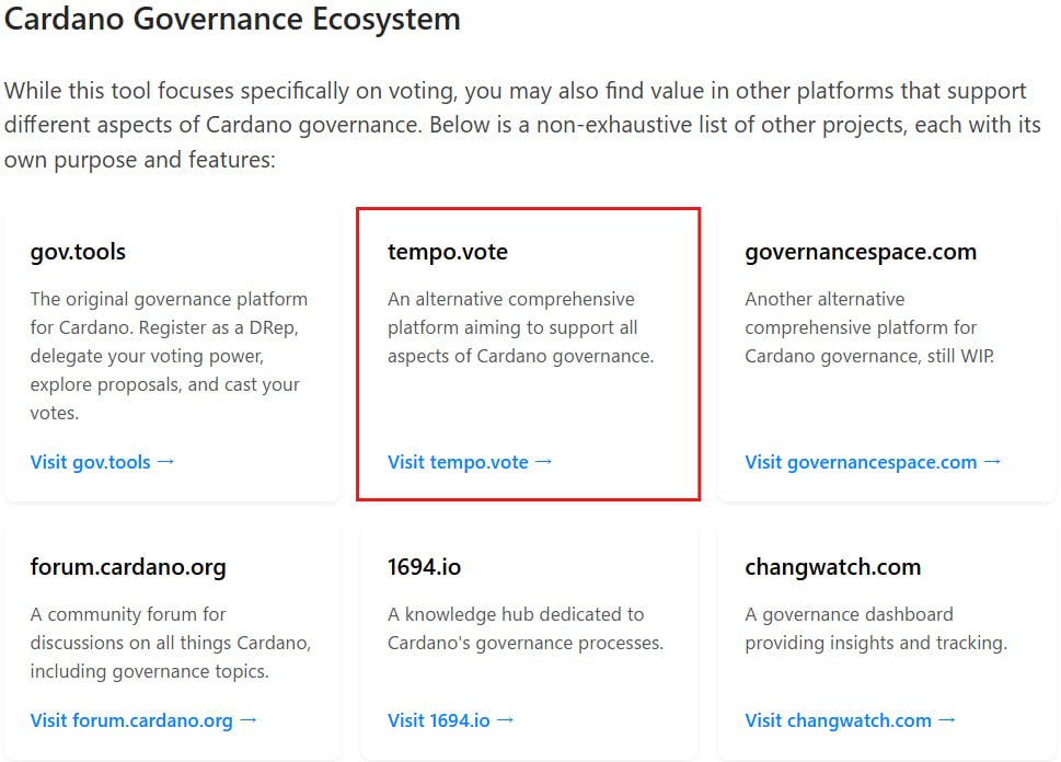 🛠 More and more tools are enriching Cardano’s governance ecosystem.

Tempo is proud to be the second governance platform built after GovTool — created to make decentralized participation easier for everyone.

From submitting GAs, registering as a DRep, voting, tracking, to