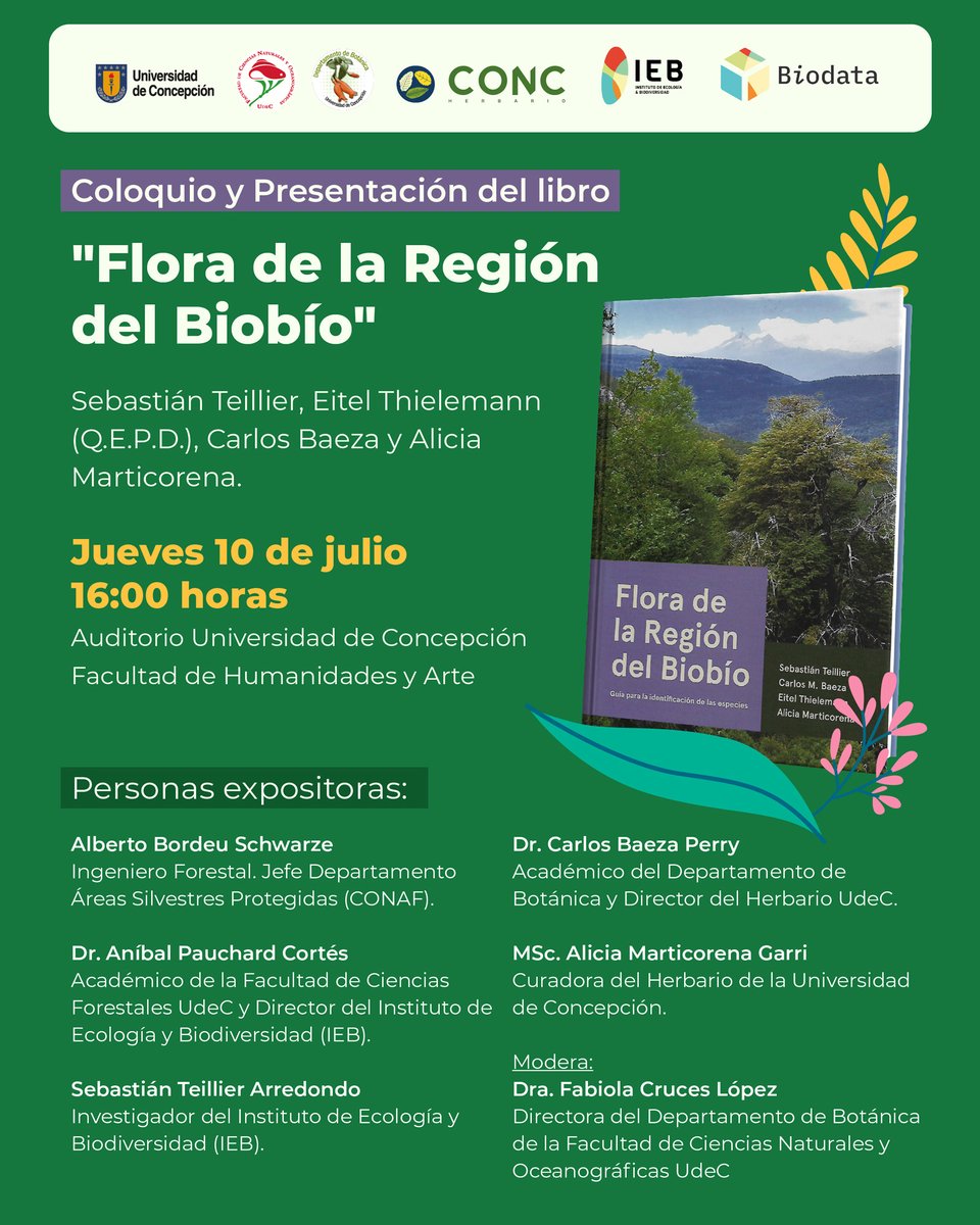La FCNO y el Depto. Botánica presentan el libro "Flora de la Región del Biobío", obra cumbre fruto de décadas de investigación. 
Acompáñanos a celebrar este hito para la ciencia regional. 📍 10 julio, 16h, en Auditorio UdeC (Humanidades y Arte). Detalles: tinyurl.com/mr7wkb7n