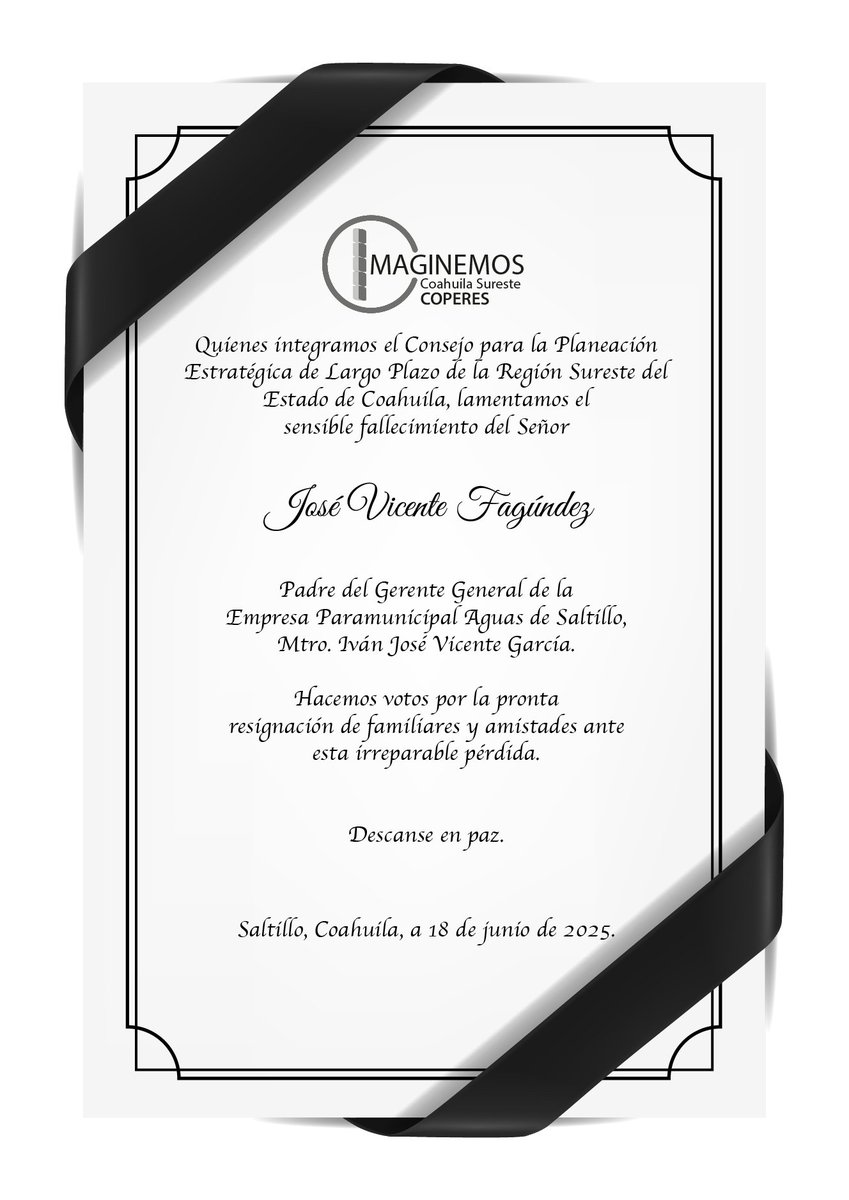 Nos unimos a la pena que embarga a familiares y amigos por el sensible fallecimiento del Señor José Vicente Fagúndez, padre del Gerente General de la Empresa Paramunicipal Aguas de Saltillo, Mtro. Iván José Vicente García. Descanse en paz.