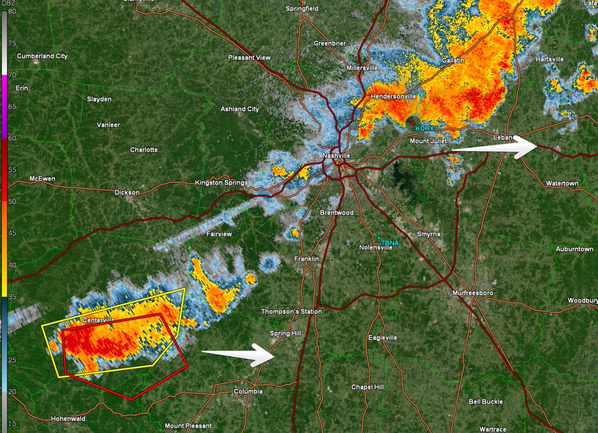 Severe Thunderstorm Warning for northern Davidson Co. has been allowed to expire as heaviest storm has moved on out. Still watching this Tornado Warned storm currently in Hickman County - folks along and S of 840 in Williamson Co. should certainly be watching. / 8:37p