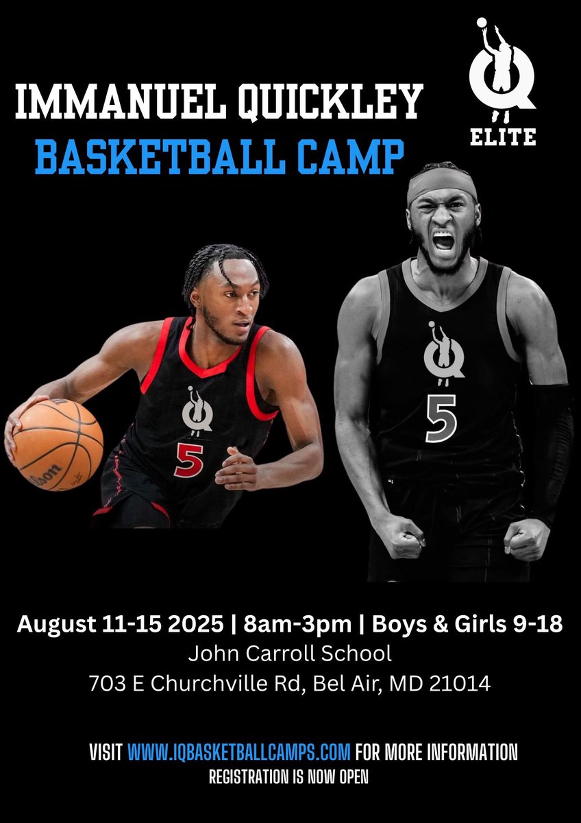Register today for Immanuel Quickley (<a href="/IQ_GodSon/">Immanuel Jaylen Quickley</a>) Basketball Camp 

August 11-15, 2025
8am-3pm
John Carroll School, Bel Air, MD

iqbasketballcamps.com/event-details/…