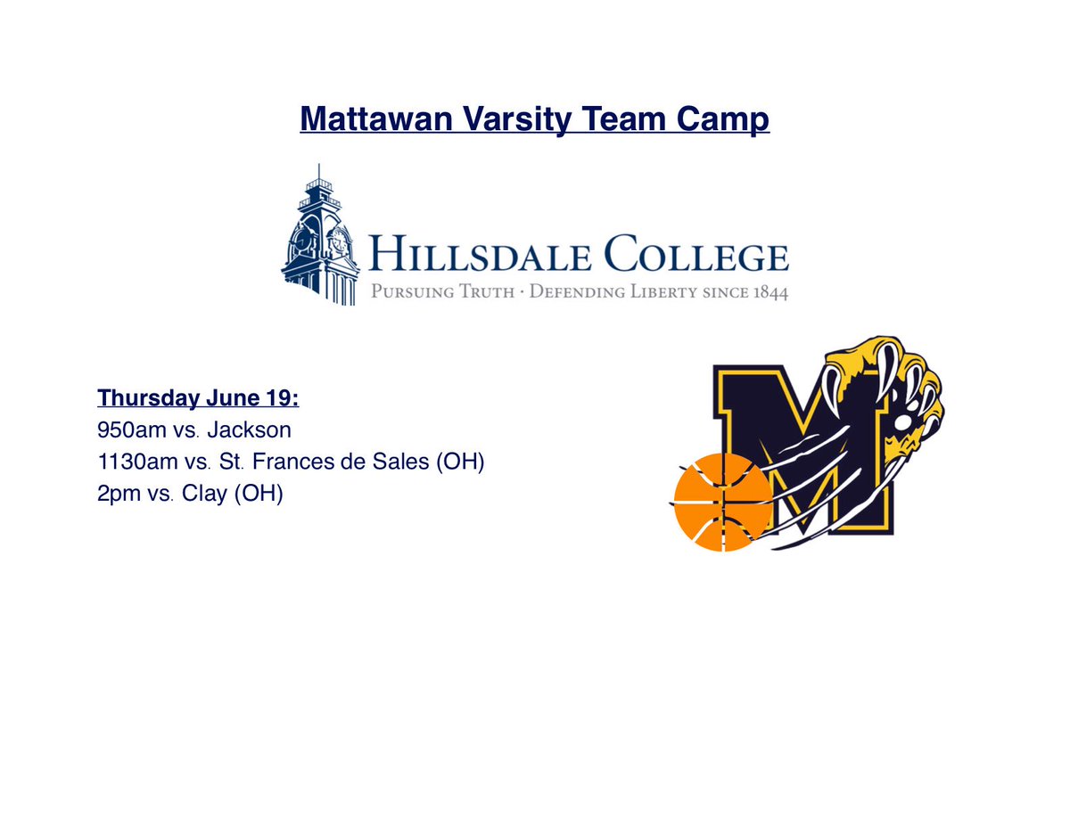 Mattawan men’s basketball (@mattawan_bball) on Twitter photo Tomorrow we’re back in action <a href="/ChargerMBB/">Hillsdale Men's Basketball</a> team camp. Looking forward to another opportunity to get better. #strengthinnumbers Tomorrow we’re back in action <a href="/ChargerMBB/">Hillsdale Men's Basketball</a> team camp. Looking forward to another opportunity to get better. #strengthinnumbers