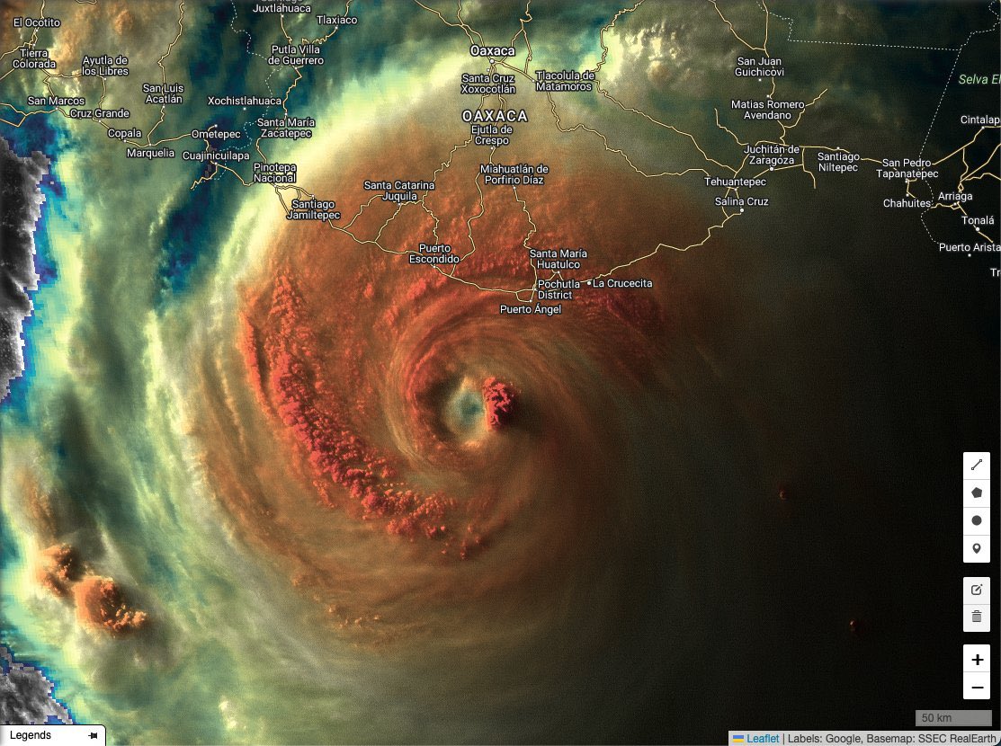 ¡IMPRESIONANTE! 🌀

El ojo del #Huracan mayor #Erick a sólo 75 km al sur de Puerto Escondido, Oaxaca, México 
Imagen del GOES-19.

18 de junio de 2025. 00:46 UTC.
Vía <a href="/eit1mx/">Pandita rojo 🐳</a>
