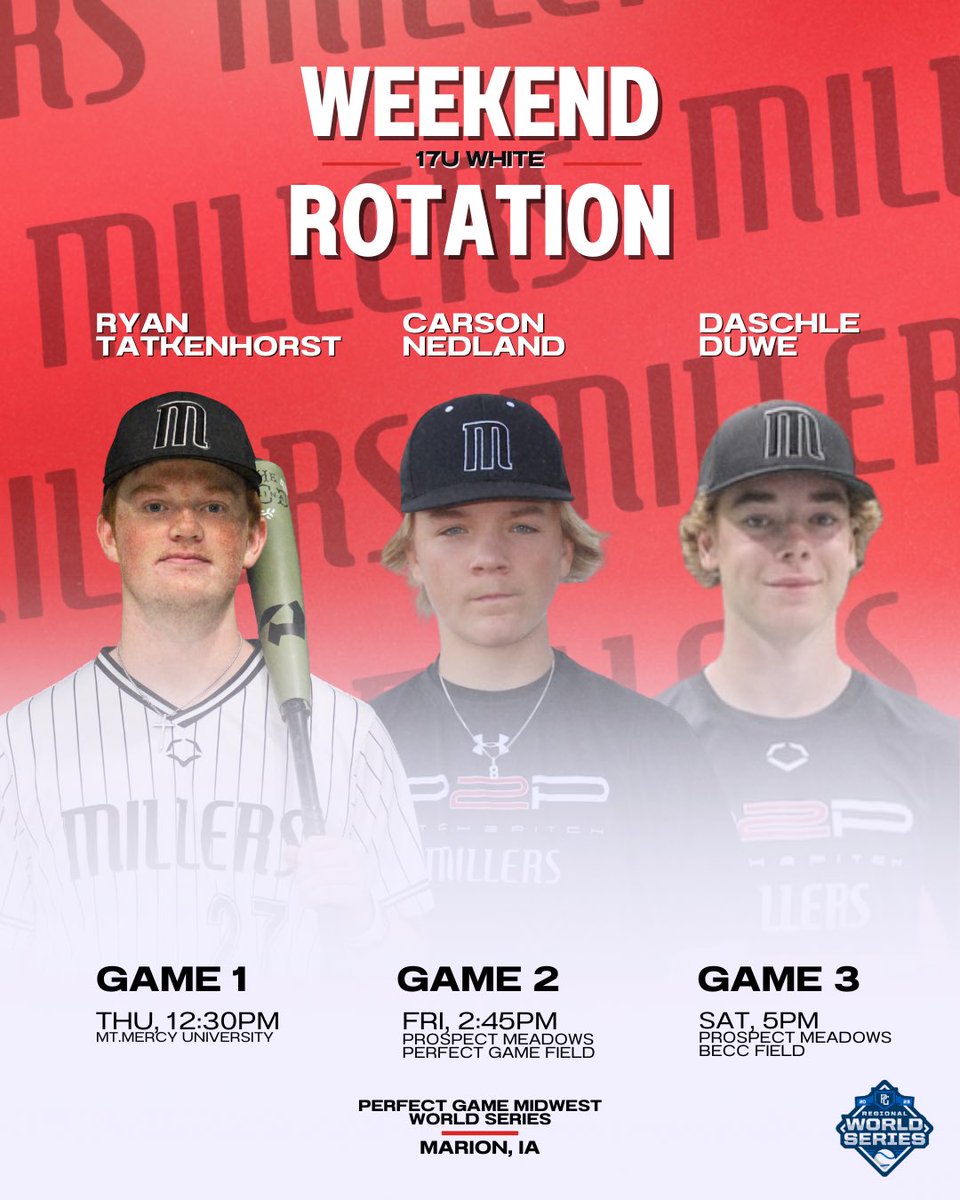 17U Millers Black and 17U Millers White pitching rotations for Perfect Game Midwest World Series‼️