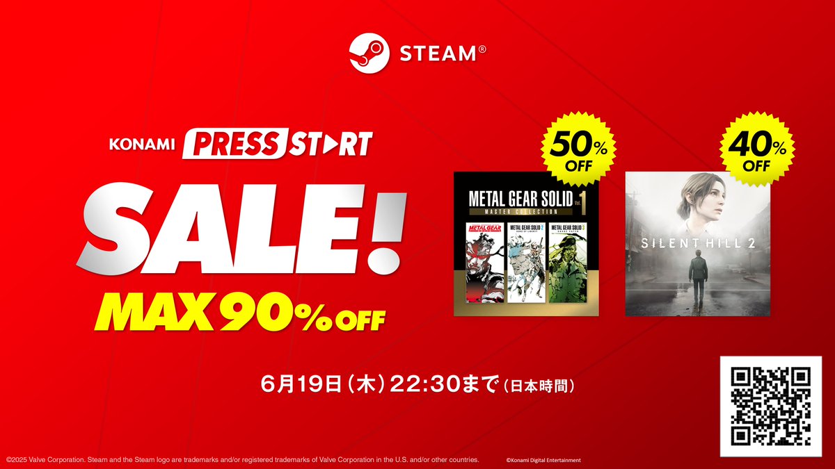 KONAMI573ch's tweet photo. ⬆⬆⬇⬇セールまもなく終了⬅➡⬅➡
📢本日6月19日(木)22:30まで🛒

#KonamiPressStart セール開催中！
Steam版 #メタルギアソリッド #サイレントヒル #悪魔城ドラキュラ #魂斗羅 などがお得に！
チェックお忘れなく！

✅https://t.co/3CdU46BKua