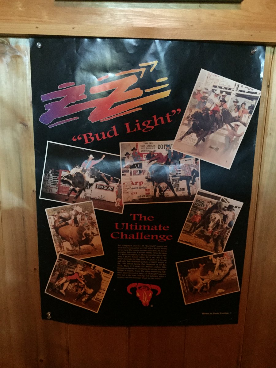 badcorodeo's tweet image. Another superstar bucking bull was ZZ Budlight, 2x NFR (1993-94). He was a bounty bull at Bad Company Rodeos and his poster was used in the marketing campaigns.  This one is hanging in the home of #JeromeDavis who drew him in the 1st RD of the '94 NFR (scored 78).  #BCRBackstage