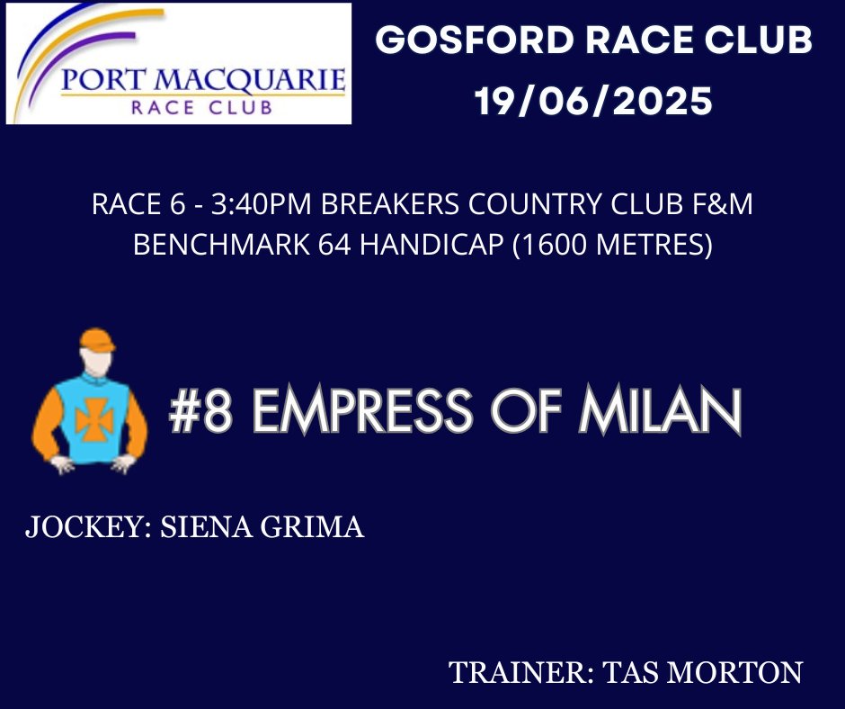 Port Macquarie Races (@port_races) on Twitter photo Best of luck to <a href="/port_races/">Port Macquarie Races</a> trainer Tas Morton and EMPRESS OF MILAN today at <a href="/gosford_races/">Gosford Race Club</a>.
The 4yo Mare will be looking for career win #2 with Siena Grima to ride. Best of luck to <a href="/port_races/">Port Macquarie Races</a> trainer Tas Morton and EMPRESS OF MILAN today at <a href="/gosford_races/">Gosford Race Club</a>.
The 4yo Mare will be looking for career win #2 with Siena Grima to ride.