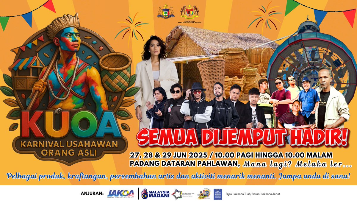 🎉 KARNIVAL USAHAWAN ORANG ASLI (KUOA) 2025

📅 27 – 29 Jun 2025 (Jumaat – Ahad)
📍 Padang Dataran Pahlawan, Melaka

<a href="/kkdw_2024/">Kementerian Kemajuan Desa dan Wilayah</a>
