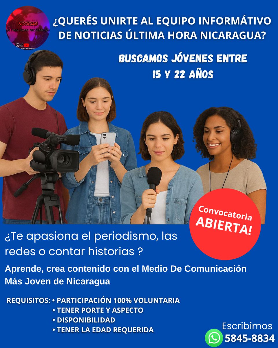 📡 Únete al equipo informátivo Noticias Última Hora Nicaragua 

📌 Búscamos a jóvenes entre 15 a 22 años que se quieran unir al equipo 

🎥 ¿Te apasiona el periodismo, las redes sociales o contar historias? 🧠 aprende, crea contenido y forma parte del Medio De ComunicaciónNo