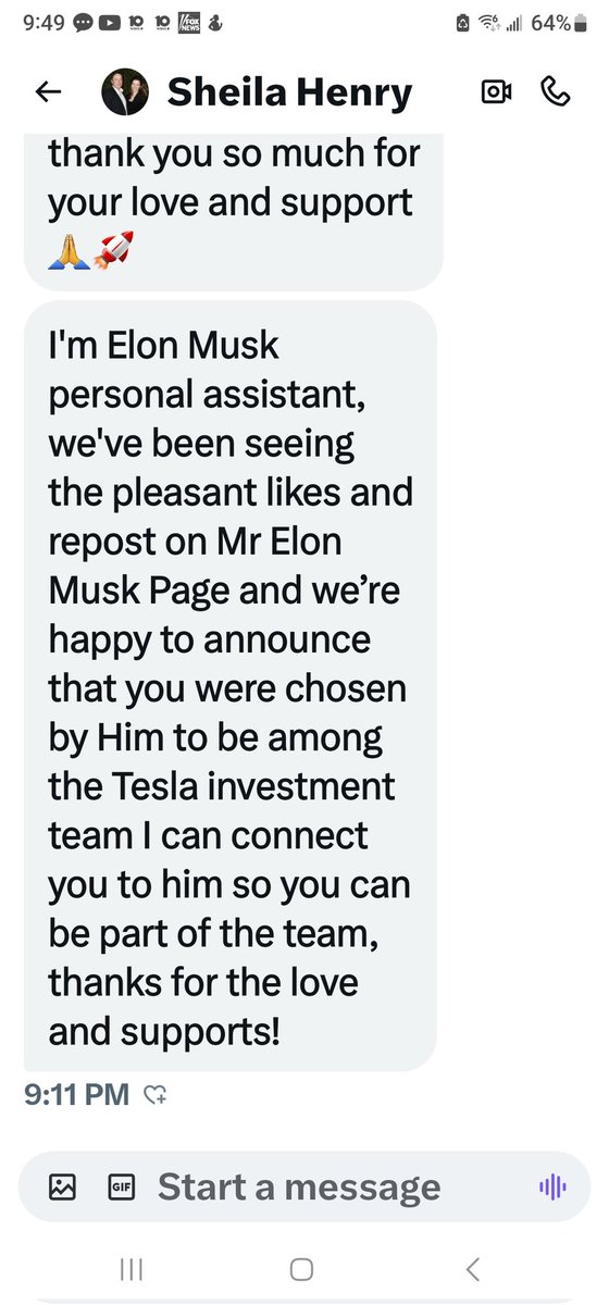 Julia_Gearing's tweet image. For anyone who may have received a DM from @Sheilahenry05 this ISN'T @elonmusk personal assistant as she claims. I'm willing to bet that this is a foreign scammer bc of the sentence syntax. English isn't "her" 1st language. If you've been followed by this acct, I'd delete/block