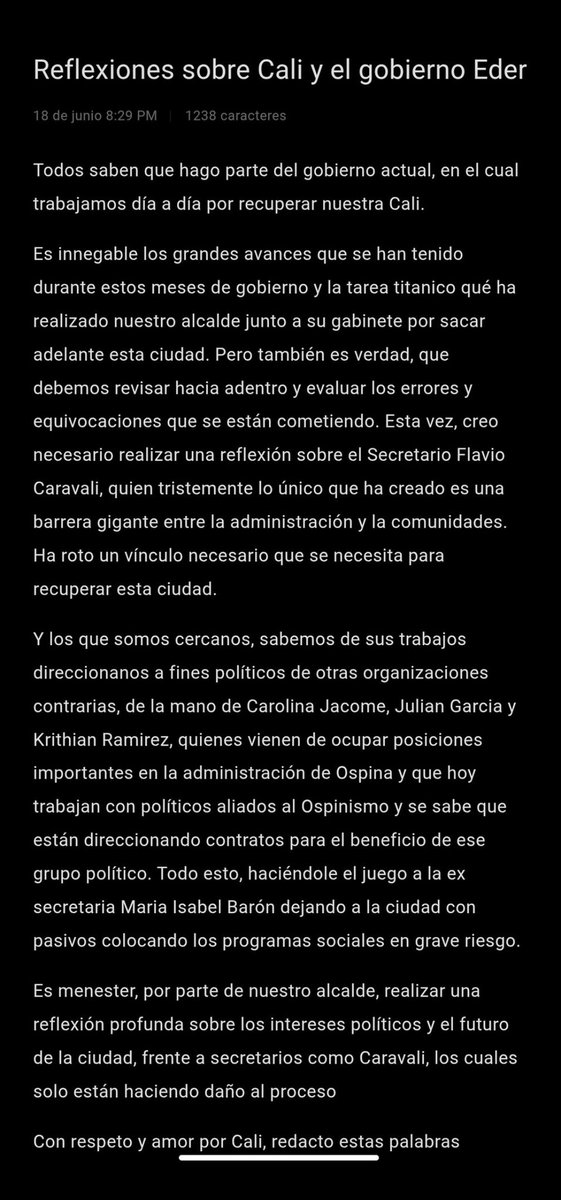 El Pasillo (@elpasilloficial) on Twitter photo #Política | En redes sociales se moviliza una cadena donde le piden al alcalde de Cali <a href="/alejoeder/">Alejandro Eder</a> reflexionar sobre su secretario Flavio Caravali, el cual al parecer está haciéndole juego al grupo político del ex alcalde <a href="/JorgeIvanOspina/">Jorge Ivan Ospina</a> #Política | En redes sociales se moviliza una cadena donde le piden al alcalde de Cali <a href="/alejoeder/">Alejandro Eder</a> reflexionar sobre su secretario Flavio Caravali, el cual al parecer está haciéndole juego al grupo político del ex alcalde <a href="/JorgeIvanOspina/">Jorge Ivan Ospina</a>
