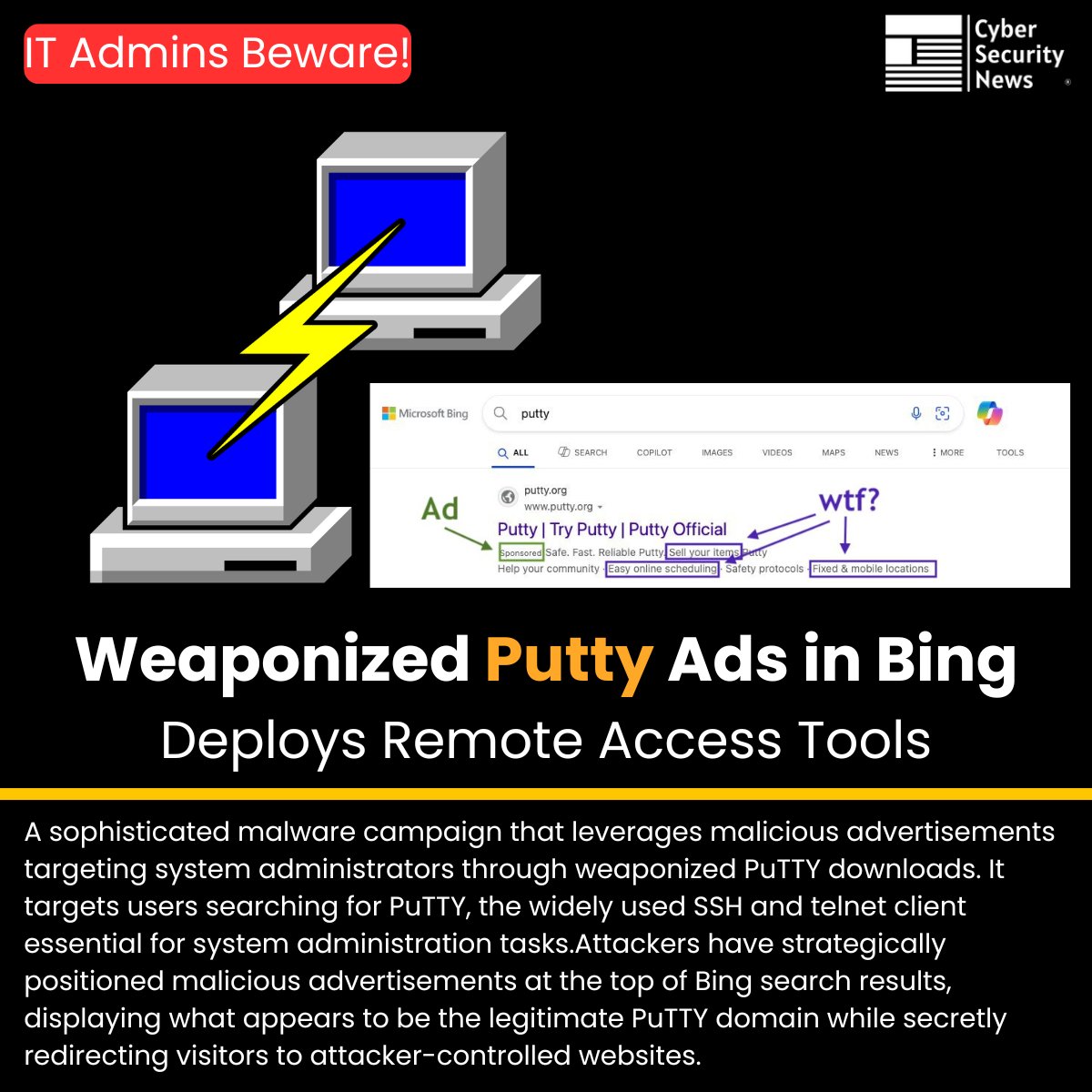 ⚠️ IT Admins Beware! Weaponized Putty Ads in Bing Installs Remote Access Tools 

Read more: cybersecuritynews.com/weaponized-put…

A sophisticated malware campaign that leverages malicious advertisements targeting system administrators through weaponized PuTTY downloads. It targets users