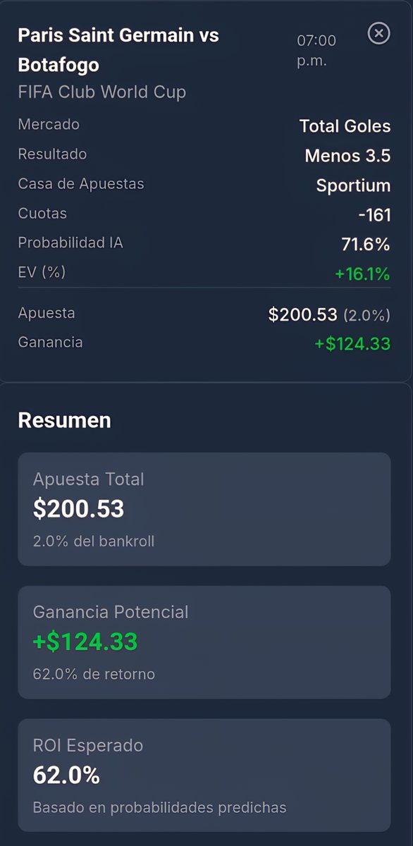 EVStrategyHub's tweet photo. @SoundersFC 4/ 🎯 El PICK con más valor

Aunque ambos vienen de partidos con goles, la IA detecta un partido más cerrado.

💡 Pick: Menos de 3.5 goles
Momio: -161
Prob IA: 72%
💰 EV: +16%

📦 ¡Este pick es un REGALO! Ideal para armar tu parlay.

#PicksConValor #MundialDeClubes #MenosDe35 https://t.co/6hGd55atuD